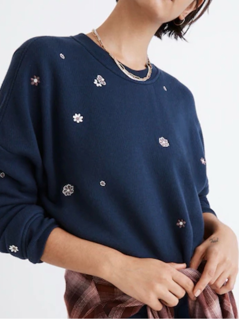 Madewell Navy Crewneck Sweater with Floral Embellishments
